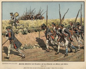 Musketeros y granaderos prusianos en marcha de Mahren a Kustrin