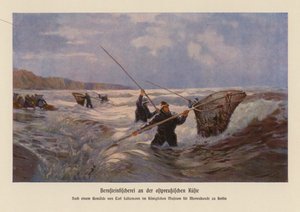 Recogida de ámbar en el Mar Báltico, Prusia Oriental (litografía en color) de Carl Saltzmann