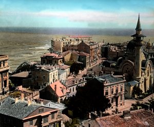 Rumanía, ciudad de Constanza, uno de los mayores puertos marítimos del Mar Negro. Vista de la Gran Mezquita Mahmudiye, fecha de la imagen: hacia 1920. Archivo Carl Simon de Carl Simon