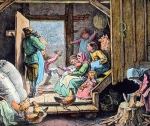 Llega el invierno con las primeras nieves. Gráfico (sin fecha) del pintor y artista gráfico alemán Fritz Richter (1904 - 1981). Fecha de la imagen: hacia 1930. Archivo Carl Simon