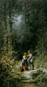 Cazador y pastora en la fuente del bosque de Carl Spitzweg