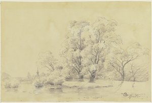 Paisaje con árboles junto al agua, a lo lejos la torre de una iglesia de pueblo de Carl Spitzweg