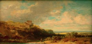 Paisaje con valle fluvial y castillo