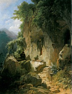 Ermitaño músico frente a su cueva rocosa de Carl Spitzweg
