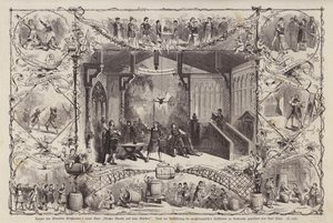 Escenas de la ópera del compositor alemán Wendelin Weissheimer Meister Martin und Seine Gesellen, representada en el Grossherzoglichen Hoftheater, Karlsruhe, Alemania (grabado) de Carl Thiel