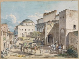 Calle en Atenas. Con el palacio de Hadji Hazekis y la Mezquita de Tzistarakis de Carl Wilhelm Heideck