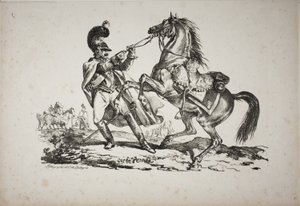 Coracero a pie sujetando su caballo encabritado