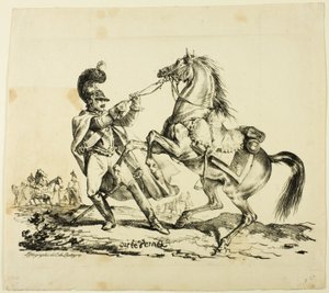 Coracero a pie sujetando su caballo encabritado de Carle Vernet
