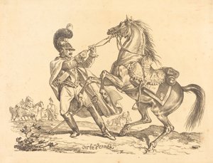 Coracero reteniendo su caballo encabritado