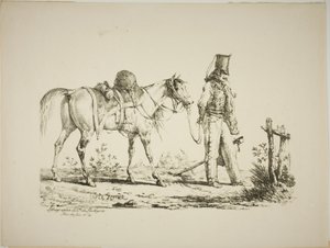 Húsar caminando frente a su caballo, fumando una pipa de Carle Vernet