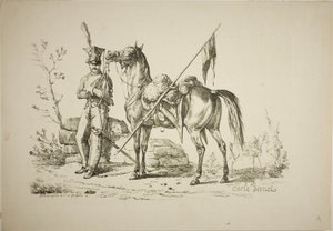 Lancero a Pie Caminando Junto a su Caballo