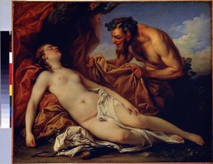Júpiter y Antiope (Júpiter y Antiope). Pintura de Carle Van Loo (1705-1765). Óleo sobre lienzo, 50 x 72 cm, hacia 1753. Escuela francesa, arte rococó. Museo del Hermitage, San Petersburgo. de Carle van Loo