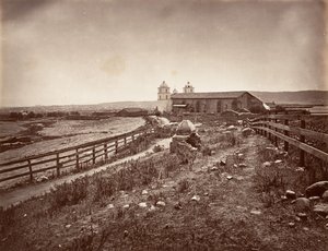 Santa Bárbara y la iglesia de la misión, 1876, impreso ca. 1876 de Carleton Emmons Watkins