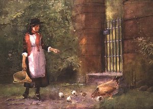 Niña alimentando gallinas