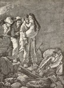 Rescate de una niña tras el derrumbamiento de su casa, terremoto de Casamicciola, Italia, grabado a partir de un dibujo de E. Sanesi y una pintura de Carlo Ademollo (1824-1911), de L