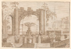 Un jardín con arco en ruinas