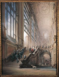 El Rey Víctor Manuel II, Cavour, los Ministros y la Corte bajando las escaleras del Senado de Turín, tras el discurso de apertura del Parlamento Subalpino.