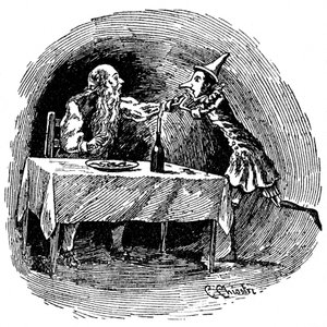 Ilustración de Pinocho por Carlo Chiostri (1863-1939), uno de los primeros ilustradores italianos de la obra de Collodi. La marioneta de madera encuentra a su padre Gepetto en el vientre del tiburón que se los tragó.