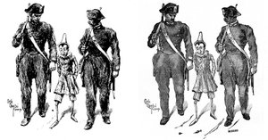Pinocho, de Carlo Chiostri (1863-1939), uno de los primeros ilustradores italianos de la obra de Collodi (Carlo Lorenzini). Dos gendarmes se llevan la marioneta de madera. La imagen de la izquierda es el dibujo original de Chiostri, la de la derecha es el 