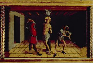 La flagelación de Cristo, panel predela derecho central del políptico de San Silvestro, 1468 de Carlo Crivelli