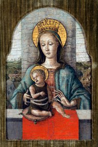 La Virgen y el Niño par Crivelli, Carlo (c. 1435-c. 1495). Témpera sobre tabla, tamaño: 28x18, ca 1455, Fundación Cini, Venecia de Carlo Crivelli
