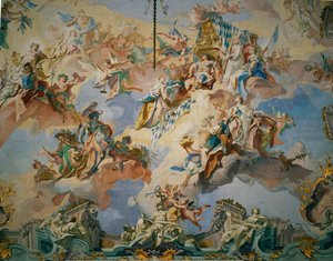 La asamblea de los dioses aceptando al emperador Karl Albrecht entre ellos y a Fama convocando a los cuatro continentes ... (fresco)