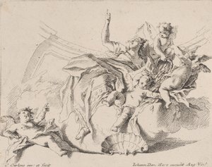 Riqueza, representada por una mujer sentada en las nubes y rodeada de putti de Carlo Innocenzo Carloni
