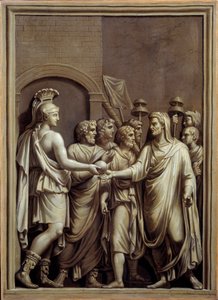 Antigua Roma: guerrero y hombre en toga intercambiando una esfera. Pintura de Carlo Labruzzi (1748-1818) después de un bajo relieve romano. Brest, Museo de Bellas Artes de Carlo Labruzzi