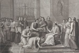 Una mujer se arrodilla para besar el pie del Papa Pío VII, con una multitud detrás de ella a la izquierda, 1814-50 de Carlo Lasinio