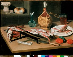 Naturaleza muerta con platos de pescado a la parrilla (salmonete) y botella de vino (damajuana). Pintura de Carlo Magini (1720-1806). Faenza, Pinacoteca comunale de Carlo Magini