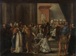 El emperador Constantino quemando libros arrianos, 1640s de Carlo Magnone