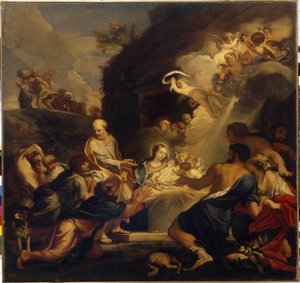 La Adoración del Niño Jesús. La Sagrada Familia presenta al recién nacido a los pastores, bajo una nube de luz y ángeles. Pintura de Carlo Maratta (1625-1713), óleo sobre lienzo. Arte taliano (Roma)