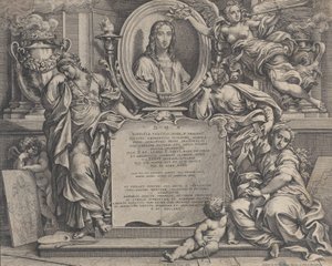 Frontispicio con retrato ovalado de Rafael, con tres figuras alegóricas de las Artes, 1675 de Carlo Maratti