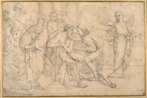 Tobías curando la ceguera de Tobit con la hiel del pez de Carlo Maratti
