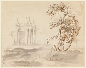 Dibujo, Árbol en paisaje con edificio, 1756-78 de Carlo Marchionni
