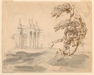 Dibujo, Árbol en paisaje con edificio, 1756-78