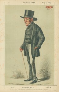 El Duque de Somerset, orgulloso y sincero pero liberal y justo, se negó a servir bajo este más humilde de los primeros ministros, 7 de agosto de 1869, caricatura de Vanity Fair de Carlo Pellegrini