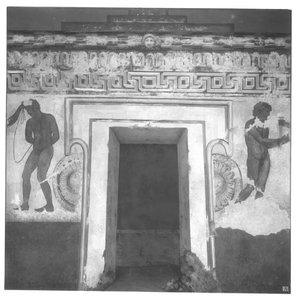 Caile Vipinas, reconstrucción de la pintura mural etrusca en la Tumba Francois en Vulci de Carlo Ruspi