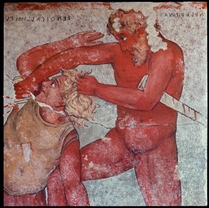 Civilización etrusca: "representación del sacrificio de prisioneros troyanos en homenaje a Patroclo" reproducción de Carlo Ruspi (1786-1863) de los frescos del siglo IV a.C. de la Tumba François de Vulci. Florencia, Museo Arqueológico de Carlo Ruspi