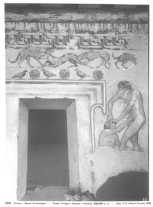 Marce Camitlnas y Cneve Tarchunies Rumach, reconstrucción de la pintura mural etrusca en la Tumba Francois en Vulci de c.320-280 a.C. (pintura mural)