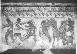 Reconstrucción de la pintura mural etrusca en la Tumba Francois en Vulci de Carlo Ruspi
