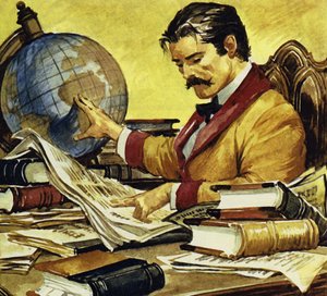 Schweitzer lee que faltan trabajadores en el Congo (litografía en color)