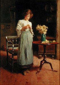 Chica en una cabaña junto a una mesa y una silla (acuarela sobre papel) de Carlton Alfred Smith