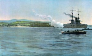 Buque insignia del almirante Sampson, el crucero acorazado estadounidense New York, disparando a una guardia costera de caballería española, frente a Cabañas, 29 de abril de 1898