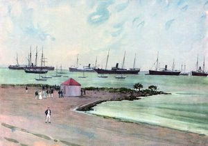 Buques españoles capturados anclados en el puerto de Man-of-War, Key West. Vista desde la explanada cerca de los cuarteles del ejército de los Estados Unidos