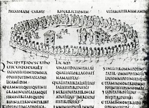 Ilustración de una escena de uno de los Salmos, del Salterio de Utrecht, copia del original de Reims ahora en la Biblioteca de la Universidad de Utrecht