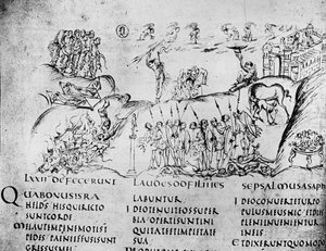 Ilustración de varias escenas de uno de los Salmos, del Salterio de Utrecht, copia del original de Reims ahora en la Biblioteca de la Universidad de Utrecht