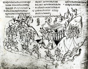 Varias escenas ilustrando un salmo, del Salterio de Utrecht, copia del original de Reims ahora en la Biblioteca de la Universidad de Utrecht