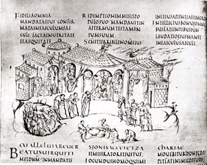 Varias escenas ilustrando un salmo, del Salterio de Utrecht, copia del original de Reims ahora en la Biblioteca de la Universidad de Utrecht de Carolingian School