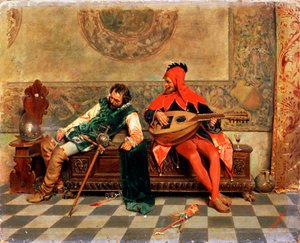 Guerrero borracho y bufón de la corte, pintura italiana del siglo XIX de Casimiro Tomba